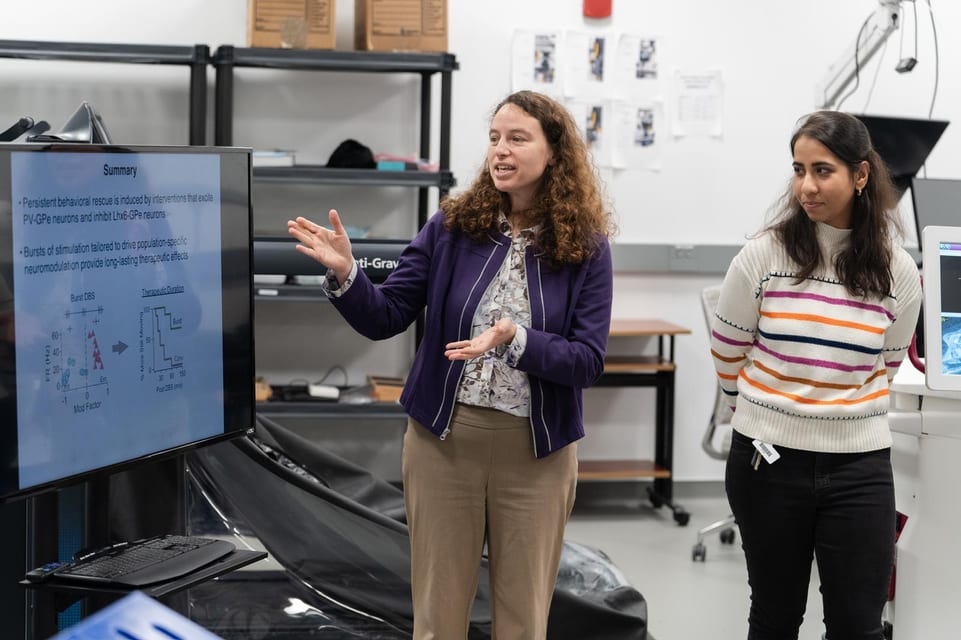 Shruti at a lab meeting, a slide on burst deep brain stimulation behind her